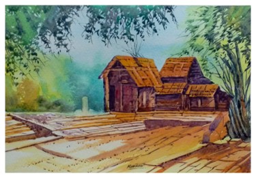 Painting titled "Countryside 1" by Mani Kant, Original Artwork, Watercolor