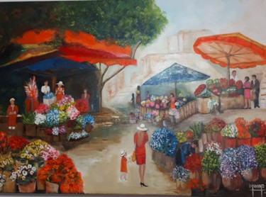 Painting titled "Le marché aux fleurs" by Manino, Original Artwork, Acrylic Mounted on Wood Stretcher frame