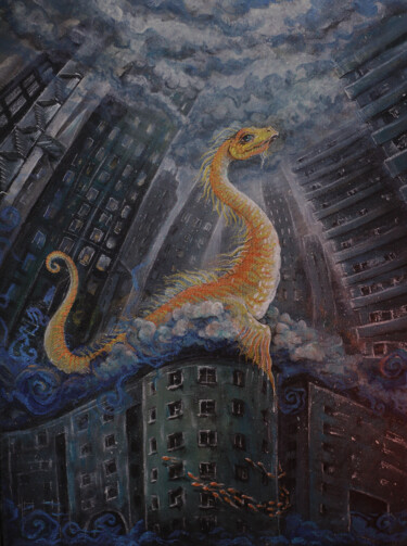 Malarstwo zatytułowany „Dreams in ghost city” autorstwa Мария Кужелевич (Manitoart), Oryginalna praca, Akryl Zamontowany na…
