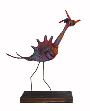 Sculpture intitulée "Sea rainbow cockerel" par Mariia Kuzhelevich (Manitoart), Œuvre d'art originale, Bois