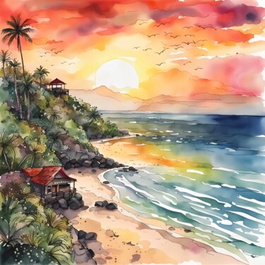 Artes digitais intitulada "Sunset in Bali" por Mankdhani, Obras de arte originais, Imagem gerada por IA