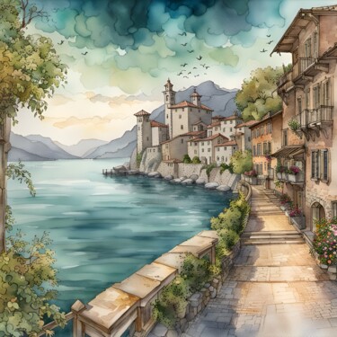 Arts numériques intitulée "Lakeside Village in…" par Mankdhani, Œuvre d'art originale, Image générée par l'IA