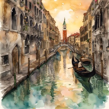 Digitale Kunst getiteld "Gondola in Venice" door Mankdhani, Origineel Kunstwerk, AI gegenereerde afbeelding