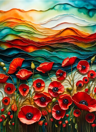Arte digital titulada "Poppy Field on Tida…" por Mankdhani, Obra de arte original, Imagen generada por IA