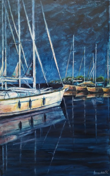 Painting titled "Ormeggio in porto" by Annadora Mingiano, Original Artwork, Oil