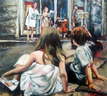 Pittura intitolato "Artisti di strada 5" da Annadora Mingiano, Opera d'arte originale, Olio