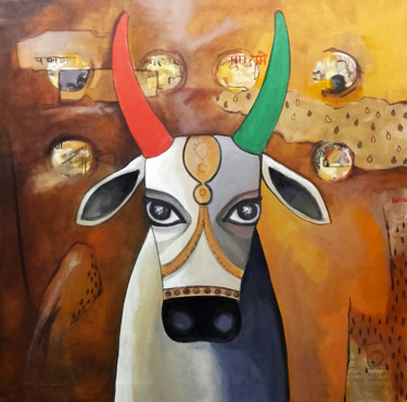 Painting titled "HOLI BULL" by Manoj Dixit, Original Artwork, Acrylic
