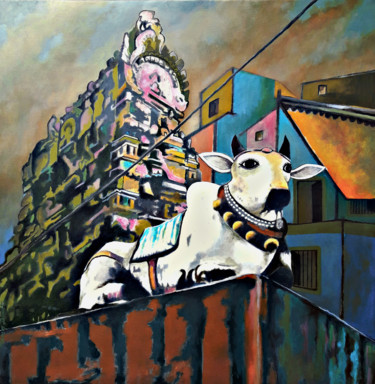 Painting titled "TEMPLE BULL" by Manoj Dixit, Original Artwork, Acrylic