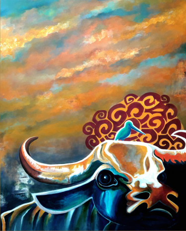 Painting titled "THE BUFFALO AND HIS…" by Manoj Dixit, Original Artwork, Acrylic