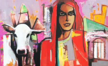 Painting titled "THE LADY AND HER CA…" by Manoj Dixit, Original Artwork, Acrylic