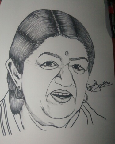 Drawing titled "Lata Mangeshkar" by Manoj Shukla, Original Artwork, Marker