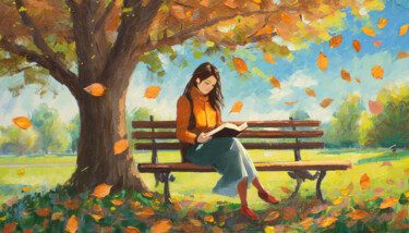 Digital Arts titled "Young girl reads bo…" by Manolis Tsantakis, Original Artwork, Digital Painting