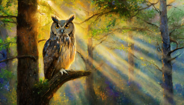 Digitale Kunst getiteld "Owl in the forest" door Manolis Tsantakis, Origineel Kunstwerk, AI gegenereerde afbeelding