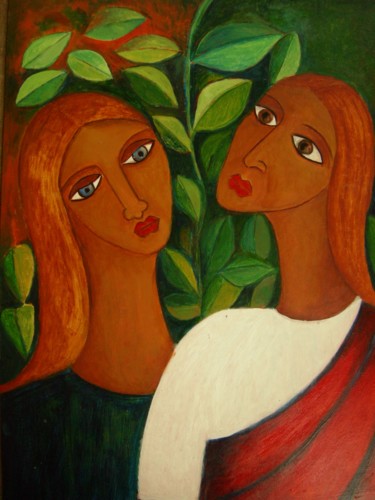 Painting titled "Sisters in the Gard…" by Manohar Mohan Raja, Original Artwork, Airbrush