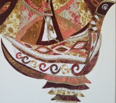 Textile Art titled "L'OISEAU ET ROSE" by Manon, Original Artwork, Fabric