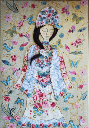 Textile Art titled "Caroline au jardin" by Manon, Original Artwork, Fabric