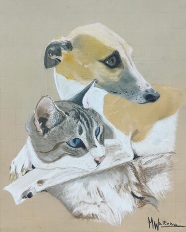 Drawing titled "Amour chien chat" by Manon Watteau, Original Artwork, Pastel