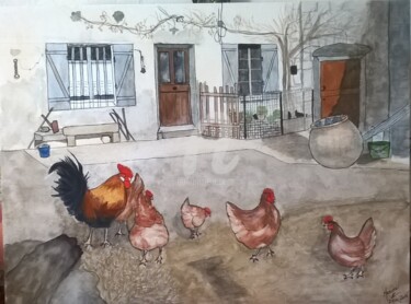 Painting titled "mes-poules-oh-seign…" by Manonni, Original Artwork, Watercolor