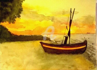 Painting titled "crepuscule-marin-aq…" by Manonni, Original Artwork, Watercolor