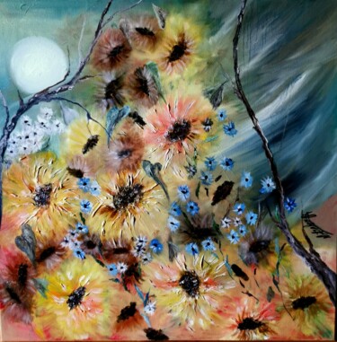 Drawing titled "Sunflowers And Moon" by Mansoureh Ashrafi, Original Artwork, Oil Mounted on Wood Panel