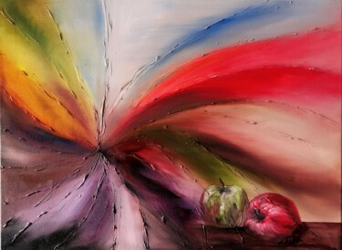 Painting titled "Apples and rainbows" by Mansoureh Ashrafi, Original Artwork, Oil Mounted on Wood Stretcher frame