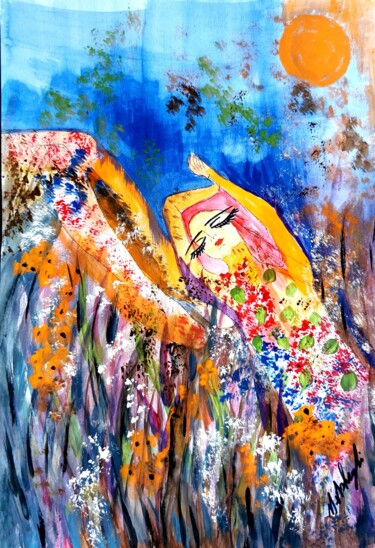 Painting titled "Sleep in the flowers" by Mansoureh Ashrafi, Original Artwork, Acrylic