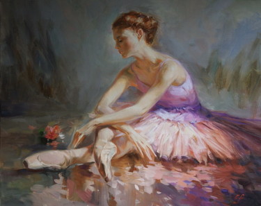 Painting titled "Балерина с розой" by Elena Rezaeva, Original Artwork, Oil