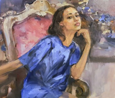 绘画 标题为“Леди в голубом” 由Elena Rezaeva, 原创艺术品, 油 安装在木质担架架上