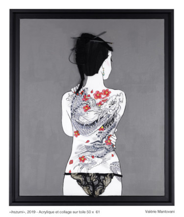 Malerei mit dem Titel "Femme tatouée" von Valerie Laubie, Original-Kunstwerk, Collagen