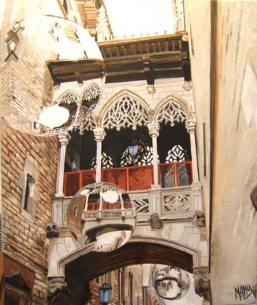 Peinture intitulée "Visitons Barcelone" par Manu Surreabulliste, Œuvre d'art originale, Huile Monté sur Châssis en bois