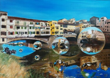 「Il Ponte Di Firenze」というタイトルの絵画 Manu Surreabullisteによって, オリジナルのアートワーク, オイル ウッドストレッチャーフレームにマウント