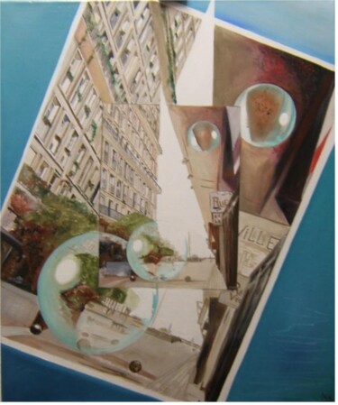 Schilderij getiteld "bulles de la ville…" door Manu Surreabulliste, Origineel Kunstwerk, Olie Gemonteerd op Frame voor houte…