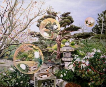 Malerei mit dem Titel "le jardin japonais" von Manu Surreabulliste, Original-Kunstwerk, Öl