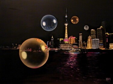 Painting titled "NUIT DE CHINE" by Manu Surreabulliste, Original Artwork, Oil Mounted on Wood Stretcher frame