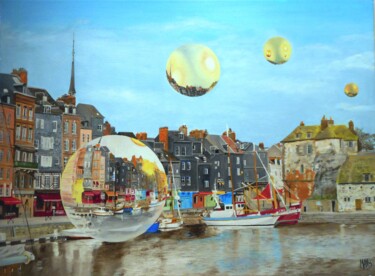 Peinture intitulée "le survol d'Honfleur" par Manu Surreabulliste, Œuvre d'art originale, Huile