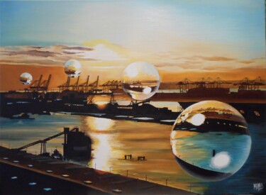 Peinture intitulée "L'aube sur le port…" par Manu Surreabulliste, Œuvre d'art originale, Huile Monté sur Châssis en bois