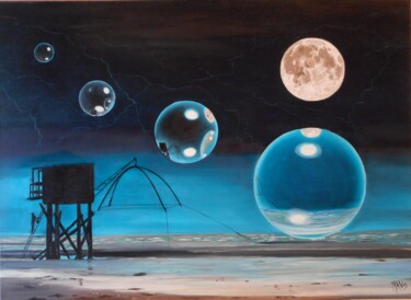 Painting titled "CHERCHER LA LUNE" by Manu Surreabulliste, Original Artwork, Oil Mounted on Wood Stretcher frame