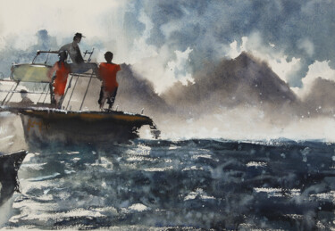 Pittura intitolato "Surf in Teahupoo" da Manu Toxxic, Opera d'arte originale, Acquarello