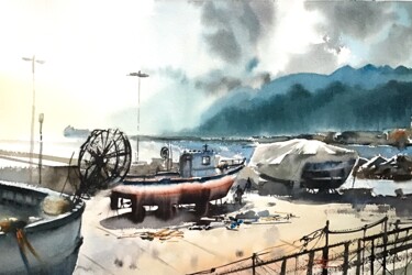 Malarstwo zatytułowany „bateaux au port de…” autorstwa Manu Toxxic, Oryginalna praca, Akwarela