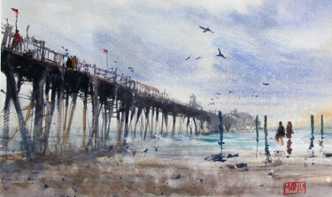 Painting titled "Viareggio beach in…" by Manu Toxxic, Original Artwork, Watercolor