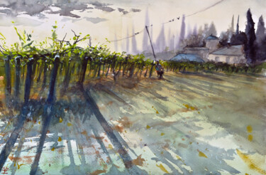 Painting titled "vignerons en Italie" by Manu Toxxic, Original Artwork, Watercolor