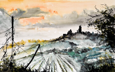 Painting titled "vignobles, san gimi…" by Manu Toxxic, Original Artwork, Watercolor