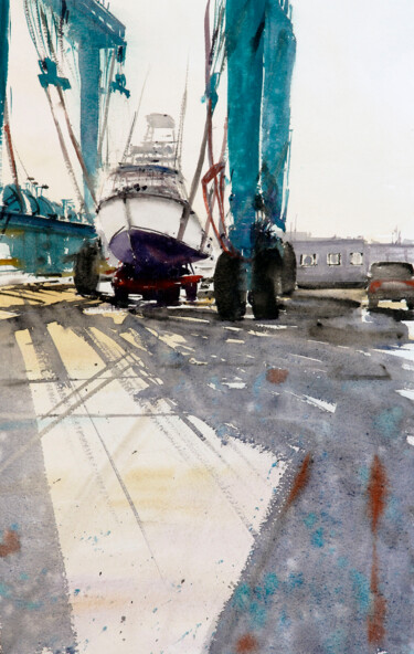 Pintura intitulada "pont roulant du port" por Manu Toxxic, Obras de arte originais, Aquarela