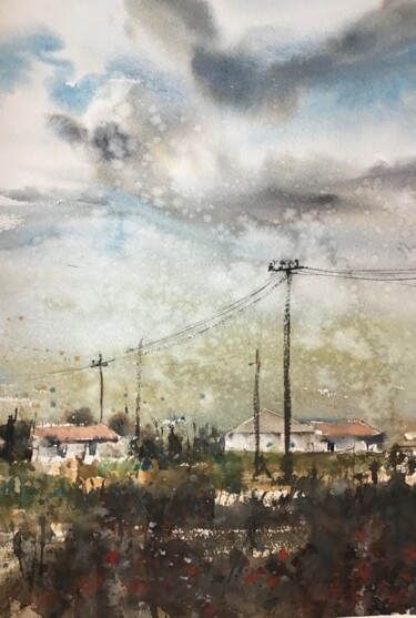 Painting titled "Paysage à Arezzo, T…" by Manu Toxxic, Original Artwork, Watercolor