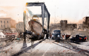 Malerei mit dem Titel "The Crane - Pont ro…" von Manu Toxxic, Original-Kunstwerk, Aquarell