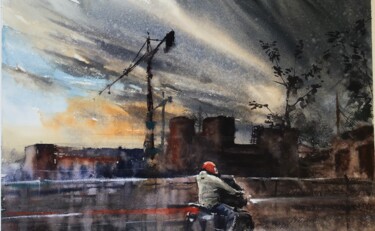Painting titled "il motociclista - l…" by Manu Toxxic, Original Artwork, Watercolor