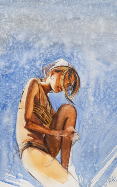 Malerei mit dem Titel "j'attends l'été" von Manu Toxxic, Original-Kunstwerk, Aquarell