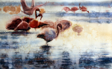 Peinture intitulée "Los flamingos - 2" par Manu Toxxic, Œuvre d'art originale, Aquarelle
