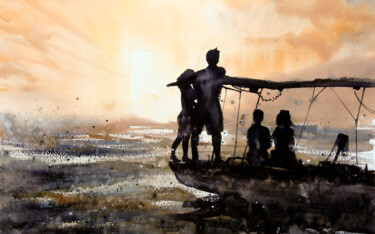 Pittura intitolato "Surfers at rest" da Manu Toxxic, Opera d'arte originale, Acquarello
