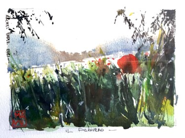 Painting titled "Le coquelicot seul" by Manu Toxxic, Original Artwork, Watercolor